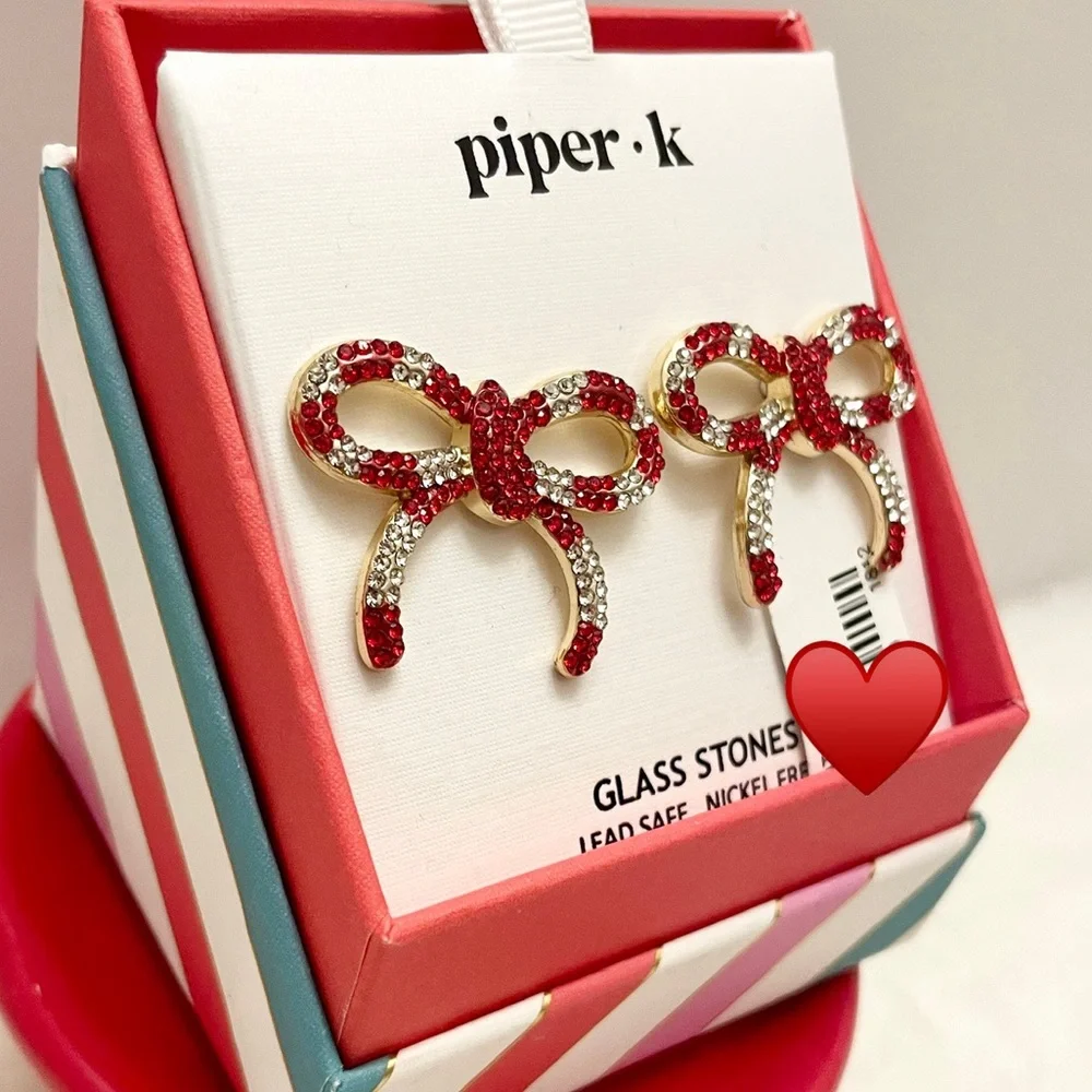 Piper-K Red and White Bow Glass Stone Earrings  Brand New in Box‎